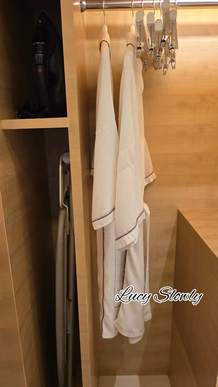 雙人河景房房間衣櫥內有浴袍、熨斗、熨燙板、衣架～