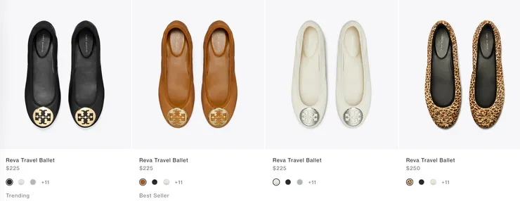 『Reva flats』是 Tory Burch 最受歡迎的熱銷款，價格在 USD 200~250。