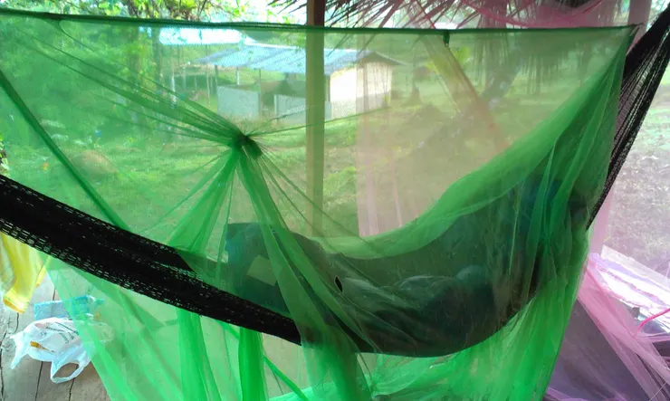 晨起後拍我睡一夜、蚊帳內的吊床和我的睡袋