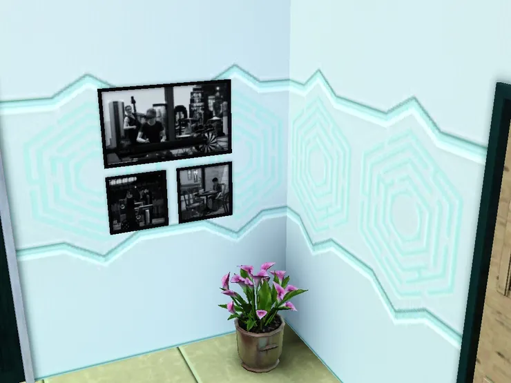 黑白的照片跟壁紙盆栽形成很大對比。