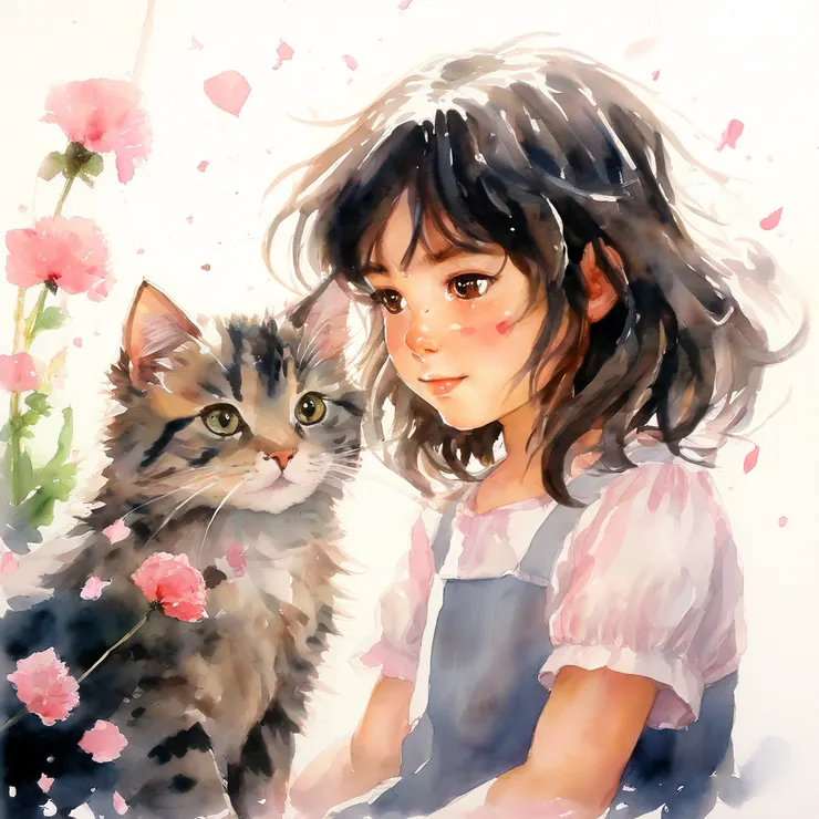 貓咪與女孩對視瞬間，周圍仿佛有花瓣飄落