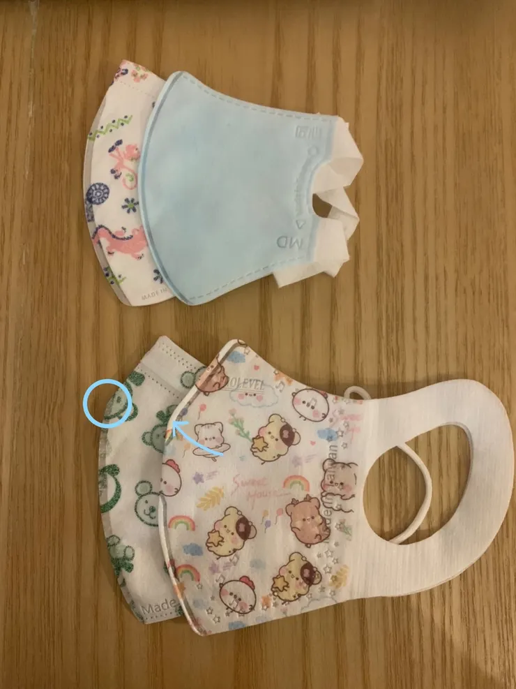 可以發現下方的2款孩子比較買單的口罩從側面看都有一個角度，形成了上方鼻子部分的空間。