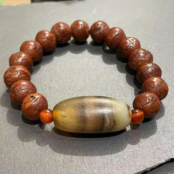 三線水紋珠（孤品）老天珠搭配鳳眼菩提