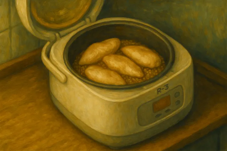 梁练伟在电饭煲R3内放了糙米与鸡胸肉准备做减脂餐