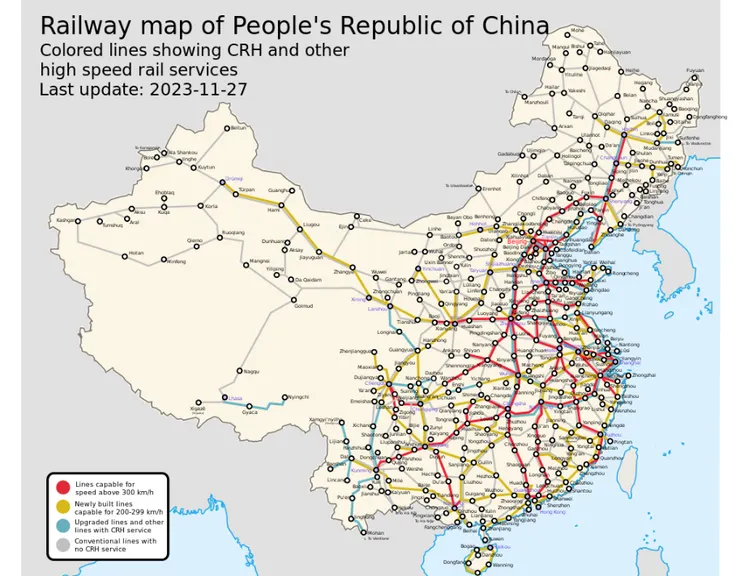 中國目前營運中的高鐵路線