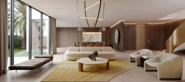 利用開放式格局模糊室內外界線,甚至將陽台造景延伸至客廳地坪,讓內外綠意連成一氣。