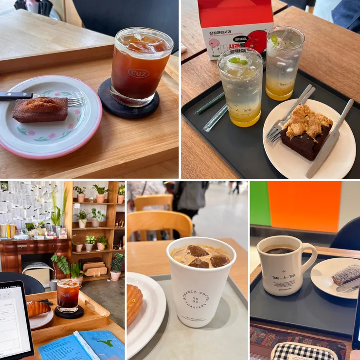 從左至右、從上至下：1,3 我最愛的咖啡館／2,5 在學校附近發掘到的咖啡館／4 水源Starfield內的咖啡館。