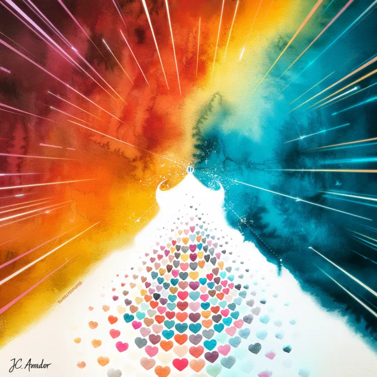 A mesmerizing digital artwork masterpiece that artfully blends watercolor, alcohol ink, oil painting, and colored pencil techniques. The vibrant piece transitions seamlessly from fiery reds to warm oranges, finally settling into serene blues, with a radiant light source casting a captivating halo effect. Dynamic, radial beams of light radiate from the background, intensifying the focus and power of the composition. At the center, an eye-catching pattern of multicolored hearts, varying in size and shade, adorns a pristine white background. The signature jc amador is at the lower left corner. The harmonious blend of warm oranges and cool blues creates a striking contrast, evoking a cinematic and illustrative experience., illustration, cinematic