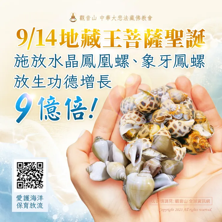 觀音山9月14日 地藏王菩薩聖誕，施放水晶鳳凰螺、象牙鳳螺，放生功德增長9億倍！