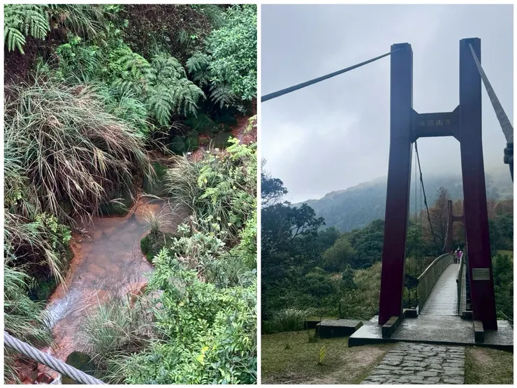 意外發現河裡的應該都是硫磺?　右邊照片橫跨在青山之間的菁山吊橋，是園區內絕無僅有的唯一存在。紅褐色的橋身在綿延山脈與流動雲海的襯托下，勾勒出極具視覺張力的線條。