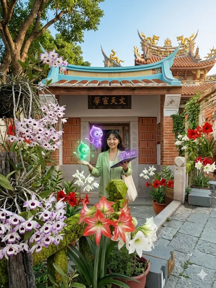 英才書院，街道尋常百姓的孤挺花，石槲蘭，Gemini 融合這些照片生成。圖片由Gemini 生成