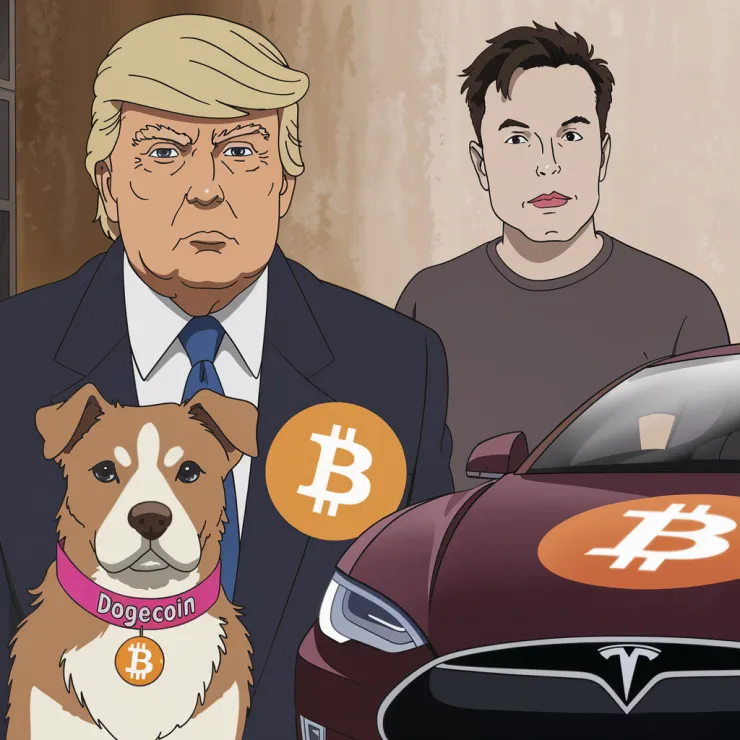 An anime-style medium shot of Donald Trump, a dog with a cryptocurrency collar, a BitCoin symbol, Elon Musk, and a Tesla car. Trump is wearing a suit and has a serious expression. The dog has a pink collar with the text "DOGECOIN". There is a BitCoin symbol near the dog. Elon Musk is wearing a gray t-shirt and has a casual expression. The Tesla car has a Bitcoin logo on its hood. The background is a beige wall.