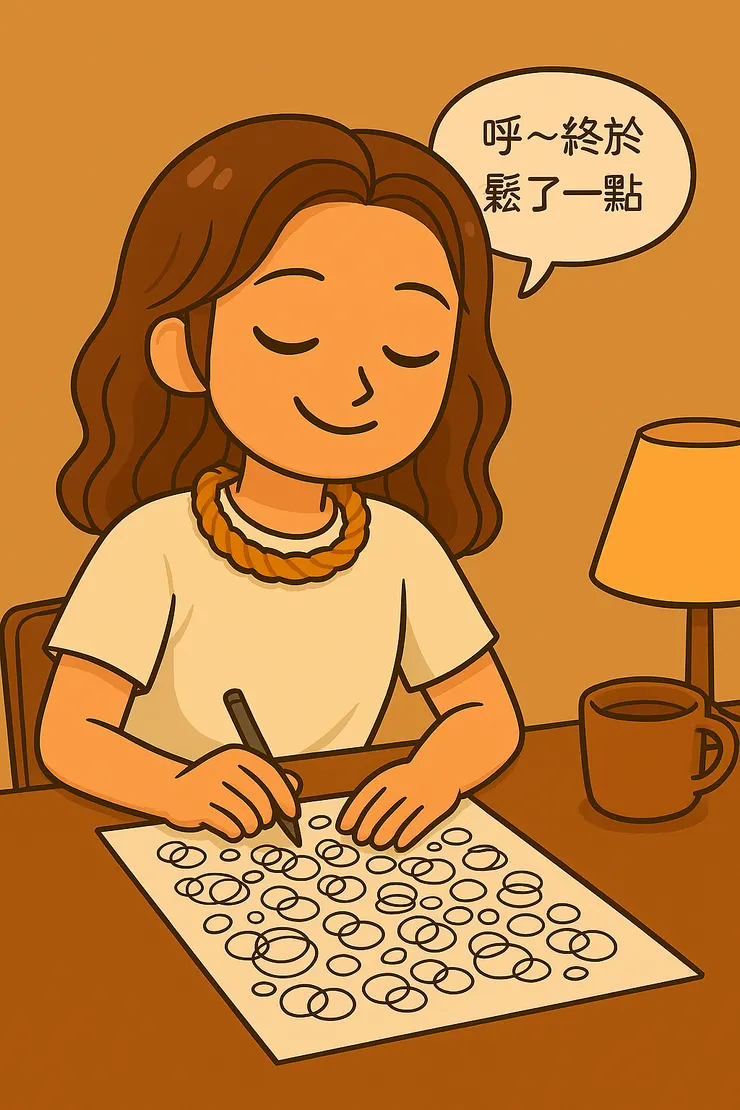 突然想起書中提到的自在塗畫方法，於是拿起手邊僅有的工具，不想太多，只是一圈又一圈地畫著。 越畫，心口越輕鬆。