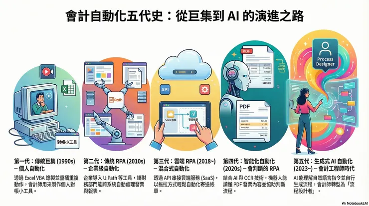 會計自動化:從巨集到AI的演變(示意圖)