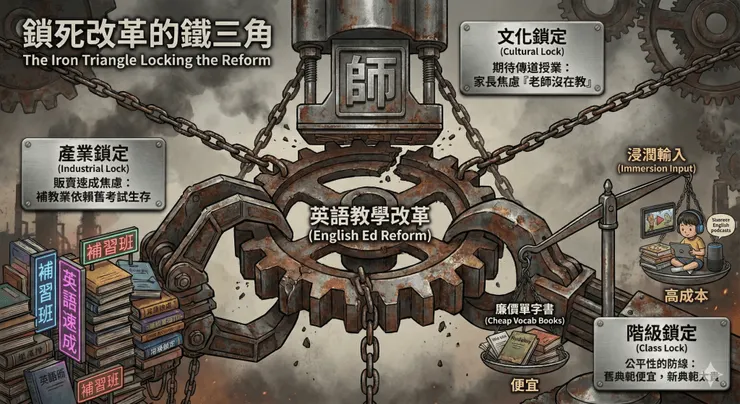 一幅插畫展示英語教育改革中的三個主要鎖定因素，包括產業鎖定、文化鎖定和階級鎖定，各自用圖示和文字表示。