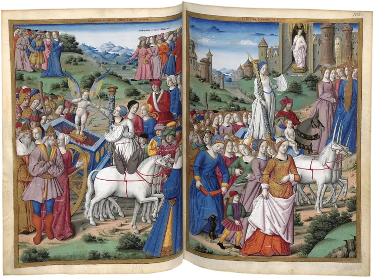 Two of the triumphal cars, carrying Chastity (pulled by unicorns) and Love, from a lavish illuminated manuscript (early 16th century) of Petrach's Triomphi