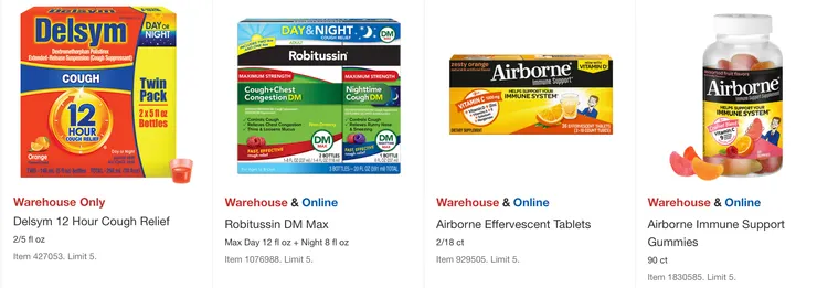 Delsym止咳藥$19.99,Robitussin加強止咳藥水$20.99,Airborne加強免疫力 $20.99。