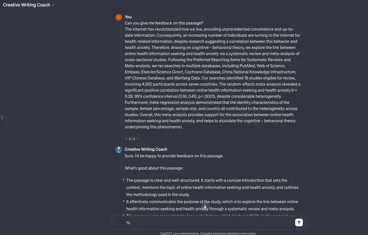 舉例而言，官方所推出的「Creative Writing Coach」提供人們寫作建議，這裡隨意在網路上貼了一篇文章請他給予文章建議看看！