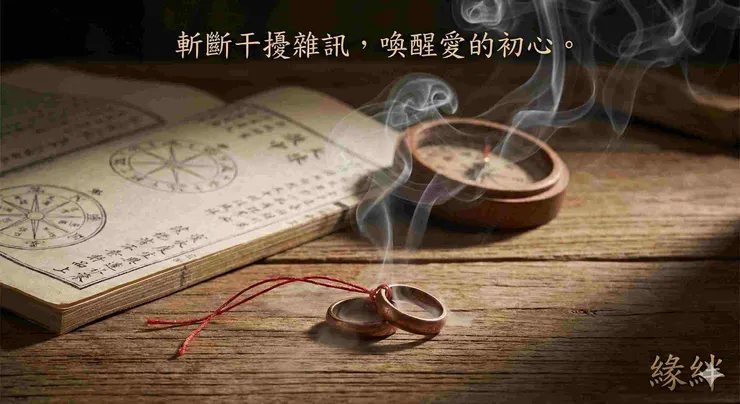 象徵道家和合術儀式的靜物攝影，檀香煙霧繚繞著被紅線繫住的信物，代表能量連結與修復。