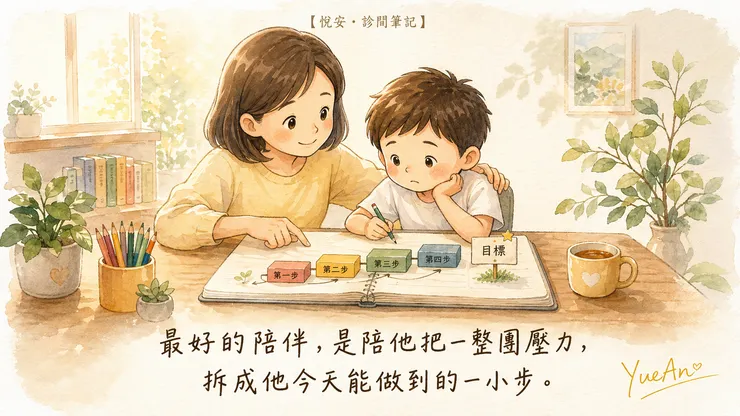 從監控者轉為合作者。最好的支持，是陪他把一整團混亂的壓力，拆成今天就能踏出的、那小小的一步。