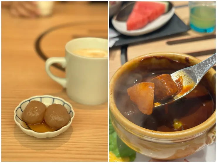 現場的牛肉咖哩吃起來有點微辣,左圖為蒟蒻丸子