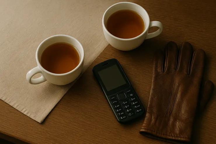 桌上兩只半滿茶杯；電話置中，光從一側落下。