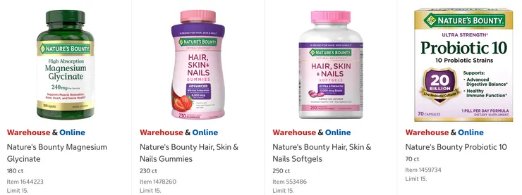 Nature's Bounty甘氨酸鎂 $18.99、Nature's Bounty 美麗配方 $17.99、Nature's Bounty 美麗配方軟膠囊 $15.99、Nature's Bounty益生菌 $23.99。