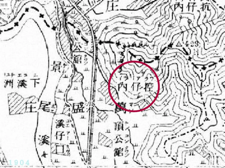 1904年地形圖。標示著挖仔內（※地圖上「控仔內」為「挖仔內」的誤植）