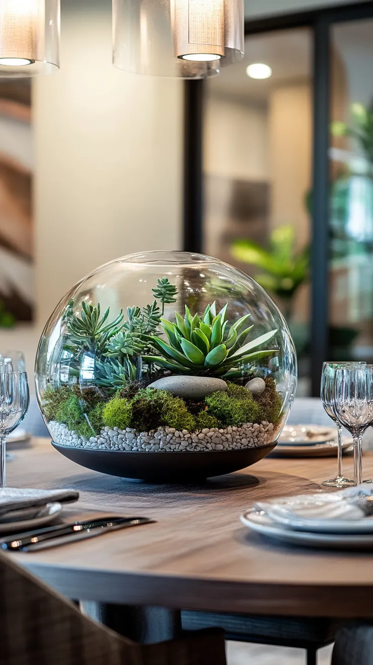 A sleek dining table with an elegant glass terrarium filled with succulents, moss, and decorative pebbles as the centerpiece