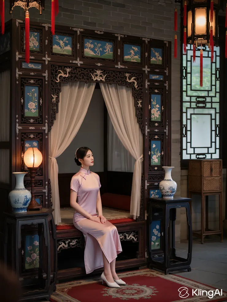 拔步床與旗袍美人模特