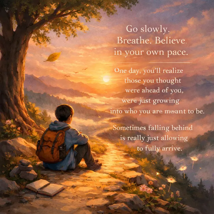 慢慢來。 呼吸。 相信。 按照你自己的節奏。 總有一天，你會意識到那些你認爲比你領先的人，正在成長爲真正的你和我。 有時候落後其實只是允許完全到達。