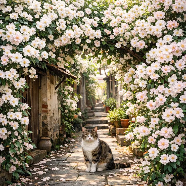 貓住在開滿荼蘼花的巷子裡 - AI示意圖