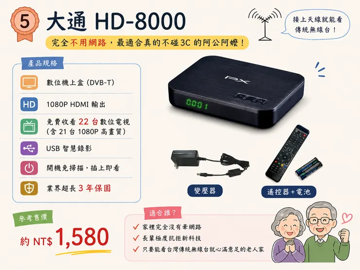 2026 大通 HD-8000 長輩電視盒｜不用網路接天線看傳統無線台 免費22台1080P數位電視 超簡單老人機上盒 阿公阿嬤不碰3C首選