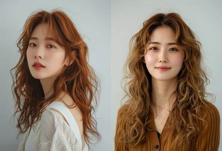 圖說：「杏桃幕斯派」（左）的焦糖杏桃色與「香橙瑪德蓮」（右）的蜜糖棕，為秋冬帶來溫暖柔亮的視覺感受。（資料來源：曼都髮型）（AI輔助創作視覺）
