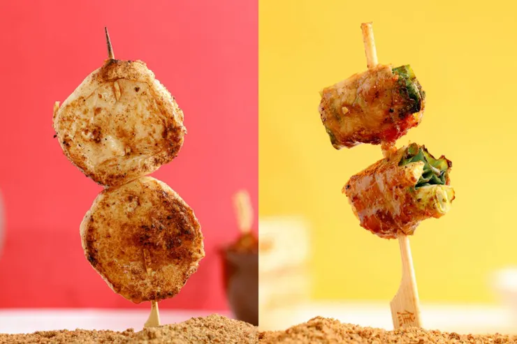 圖說：焦糖楓超人氣商品圓甜不辣（圖左）每天狂賣559串，成為年度最受歡迎外送商品。蔥肉捲（圖右）完美融合清甜蔥段與香軟肉片，不負眾望奪下第二。（資料來源：焦糖楓）