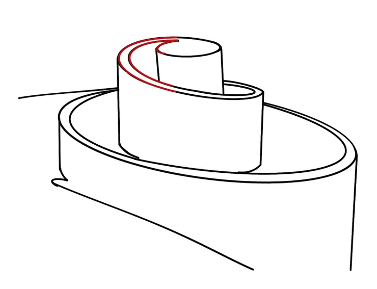 這是琴頭的側面，主要用來說明桶子連結到眼睛的部位。提琴的結構中幾乎沒有直線，幾乎所有線條都是圓弧過渡，因此每一個弧度的連結，都在考驗製琴師的技術與美感掌握。