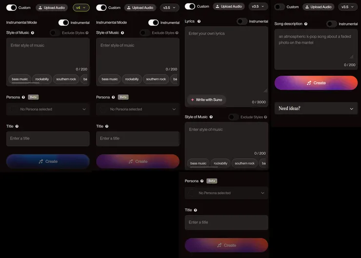 Suno AI生成介面左至右：4.0版；3.5版 無人聲；3.5版 填詞有人聲；3.5版 簡易描述