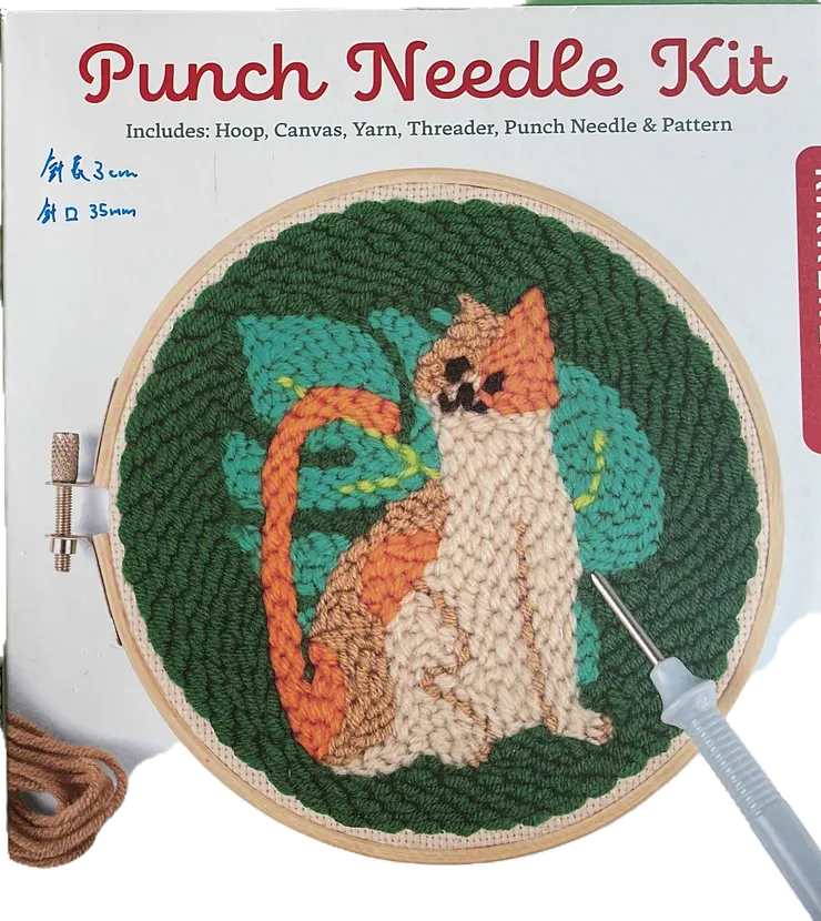 套裝包含已印有圖案的戳繡布、繡棚、穿線器、毛線和戳筆。（作者拍攝）