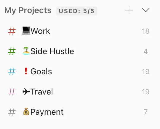 Project 類似我的資料夾，分類不同的任務，免費版只有五個 Projects 的額度