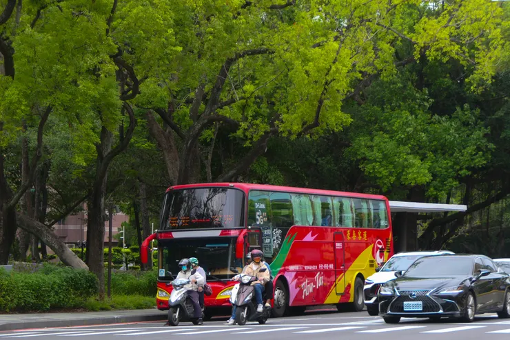 紅色的豪泰客運配上嫩綠的背景好好看