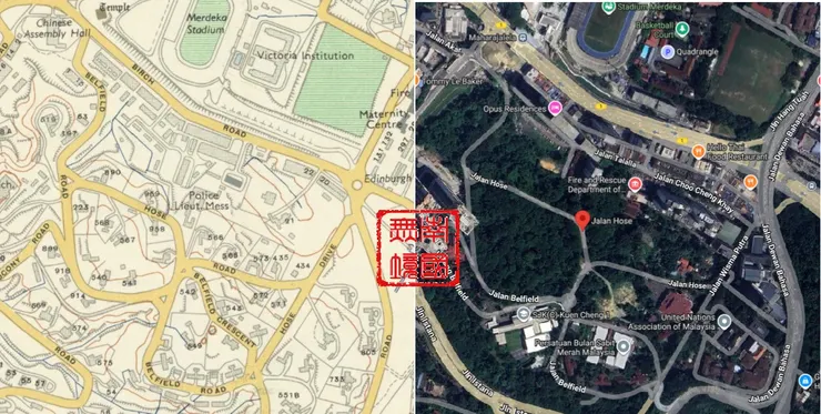 荷西路周圍地圖今昔比較。-Kuala Lumpur Map,Survey Dept., Federation of Malaya No. 65 - 1957;Google Map.