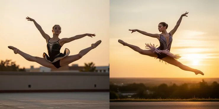 Prompt: A professional female dancer is frozen mid-air in a perfect split leap (saut de basque). Her body is angled toward the viewer, arms extended elegantly. Shot outdoors at sunset, golden hour lighting, detailed costume. (左：Z-Image-Turbo 右：FLUX-2 [dev])