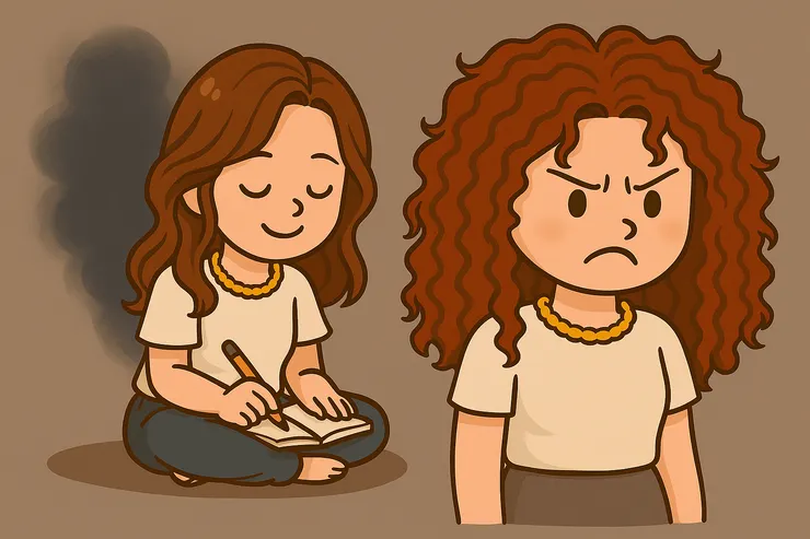 這是我覺察的過程圖。暖橘Q專心寫字，象徵我透過書寫在梳理；爆炸Q則站在一旁，代表那份還在警戒的影子人格。她沒有消失，而是陪著我一起，把舊劇本一點一點攤開來看。