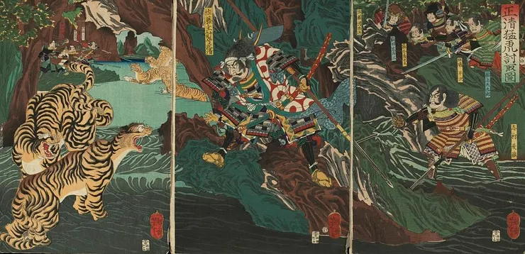 浮世繪師月岡芳年描繪的清正打虎故事。