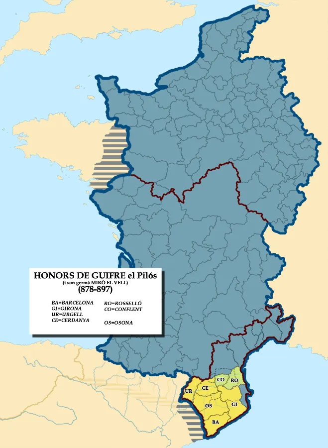 黃色部分為吉弗雷一世控制的領地。綠色部分是他弟弟控制的領地