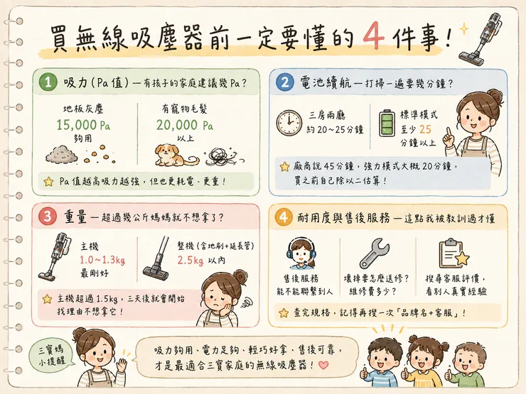買無線吸塵器前必看4大重點!吸力Pa值 電池續航 重量 售後服務 三寶家庭選購指南