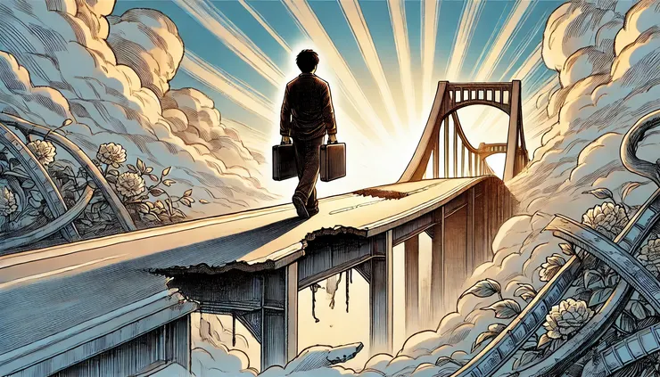 攜帶公事包的人走在跨越缺口的橋上，象徵轉變與韌性