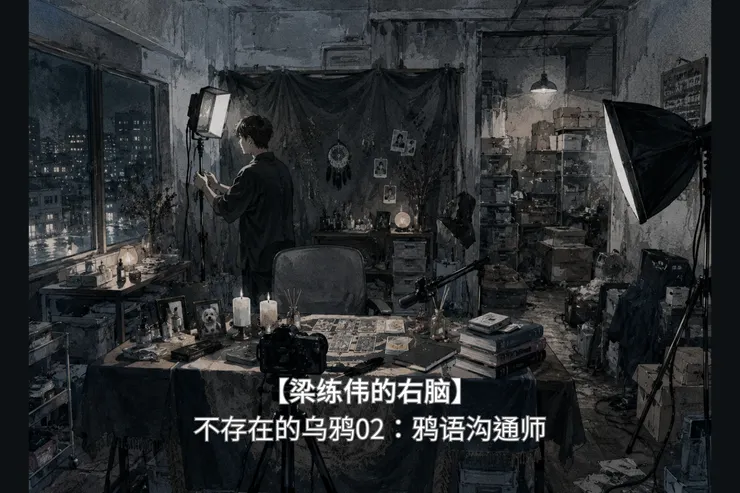 梁练伟的灵性直播房间全景，一边是精緻布景与补光灯，一边是杂乱道具与快递箱