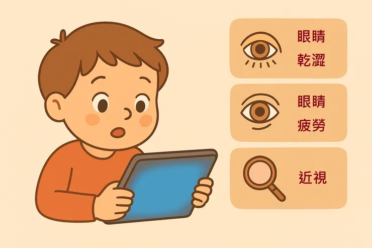 小孩眼睛被藍光照射，出現乾澀、酸澀、近視放大鏡符號，提醒視力風險