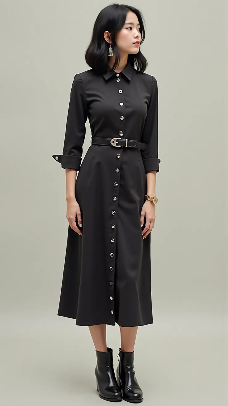 Belted midi dress, stud earrings, ankle boots( 腰帶中長洋裝，耳釘，短靴 )